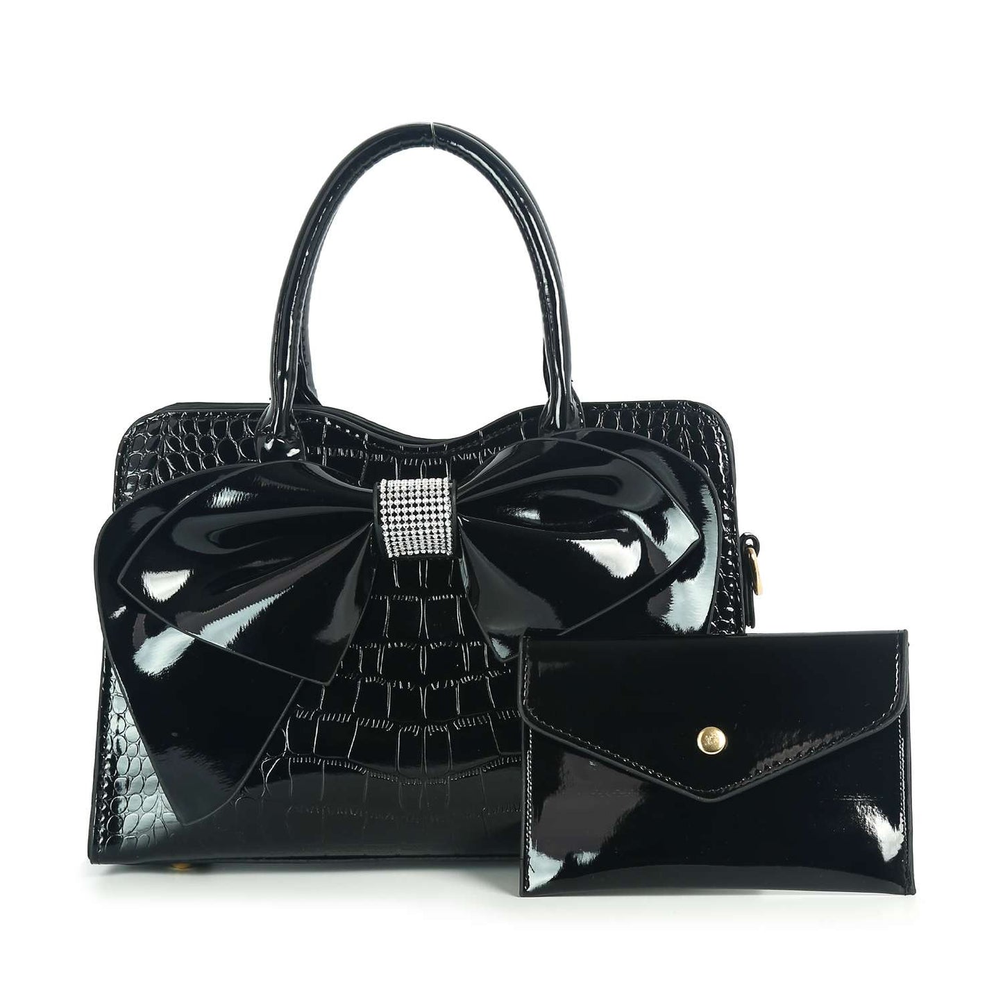 Patent Bow Accented Embossed Hand Tote Set